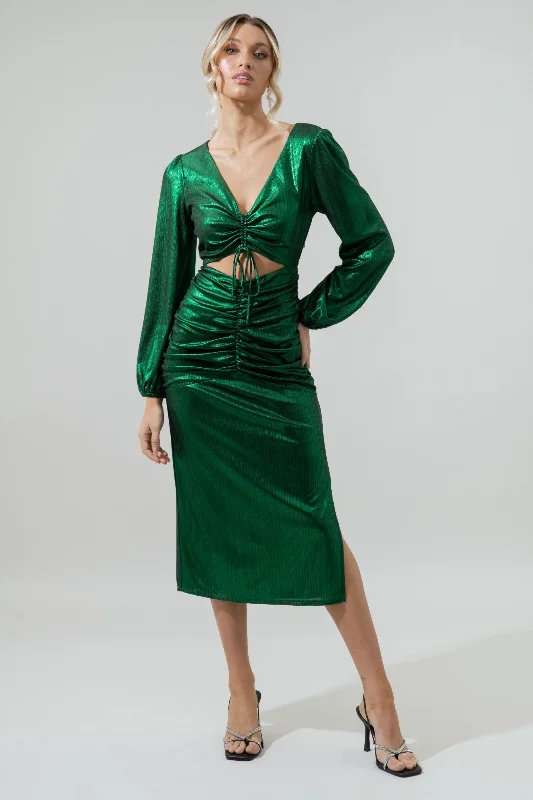 Cannes Liquid Satin Ruched Cut Out Midi Dress