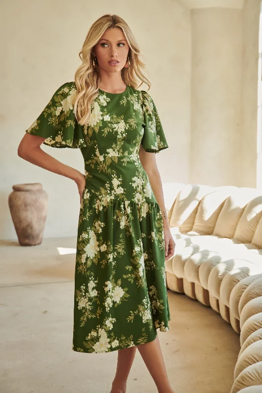 Vetiver Floral Rhythm Drape Midi Dress