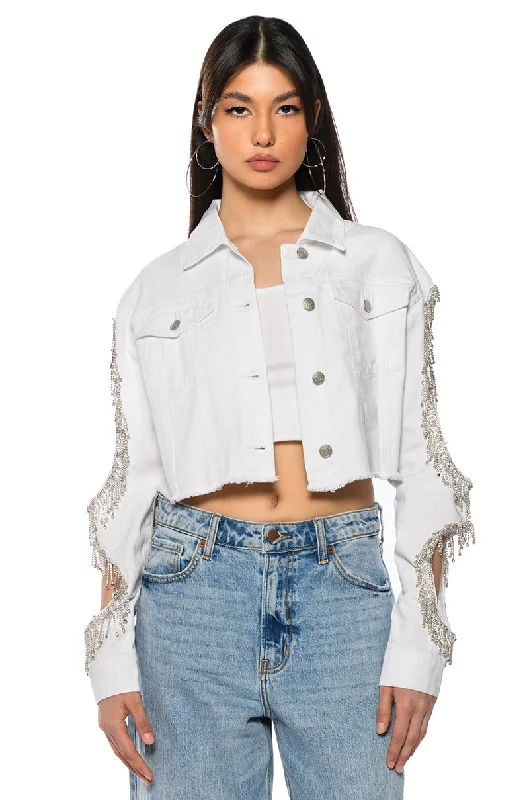 AZALEA WANG CUT OUT ARM RHINESTONE DENIM JACKET