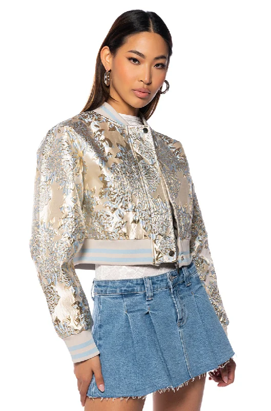 BROCADE TAPESTRY VARSITY BOMBER IN BLUE MULTI