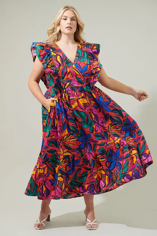 Rainbow Tropics Fairness Poplin Surplice Midi Dress Curve