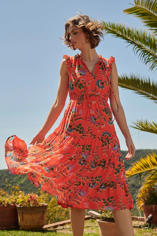 Papaya Floral Pisces Smocked Midi Dress