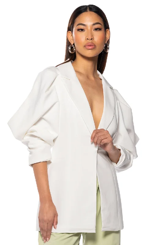 FLARE COLD SHOULDER BLAZER IN WHITE