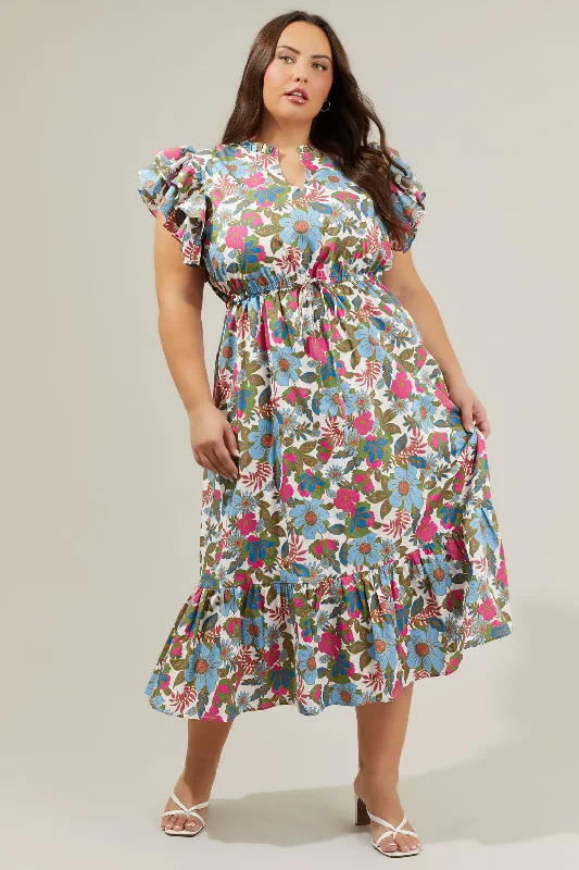 Avitall Floral Dillan Midi Ruffle Dress Curve