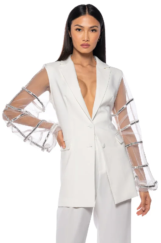 SUGAR AND SPICE MESH RHINESTONE ARM BLAZER