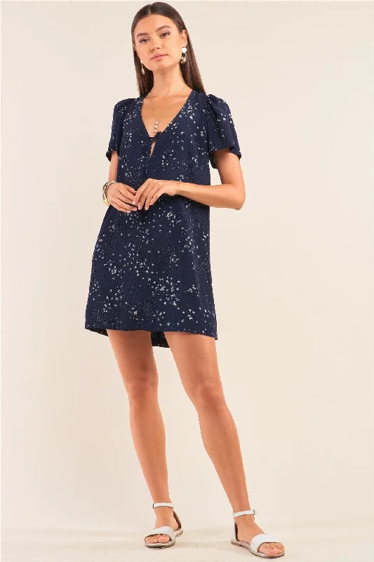 Star Print Loose Fit Deep Plunge V-Neck Mini Dress