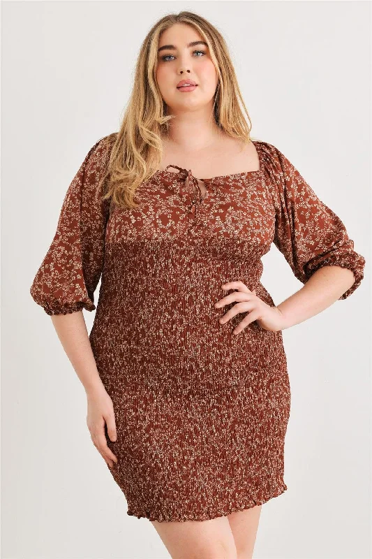 Plus Size Floral Smocked Puff Sleeve Mini Dress