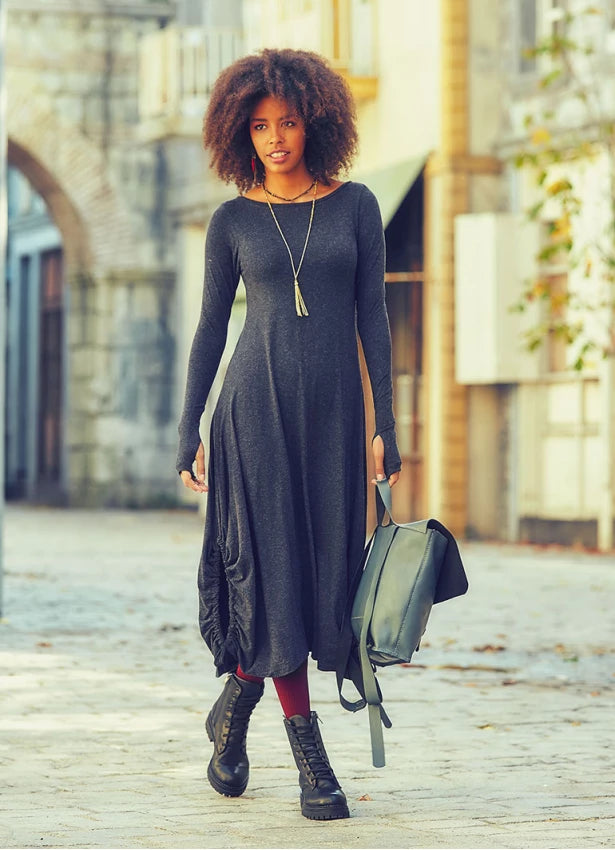 Boat Neckline Thumb Hole Detail Long Sleeve Maxi Dress Dark  Grey