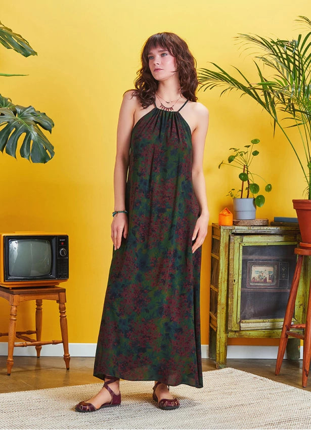 Back Cut Out Halter Necline Maxi Slit Green Print Dress