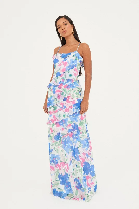 CHIFFON PRINTED RUFFLE MAXI DRESS