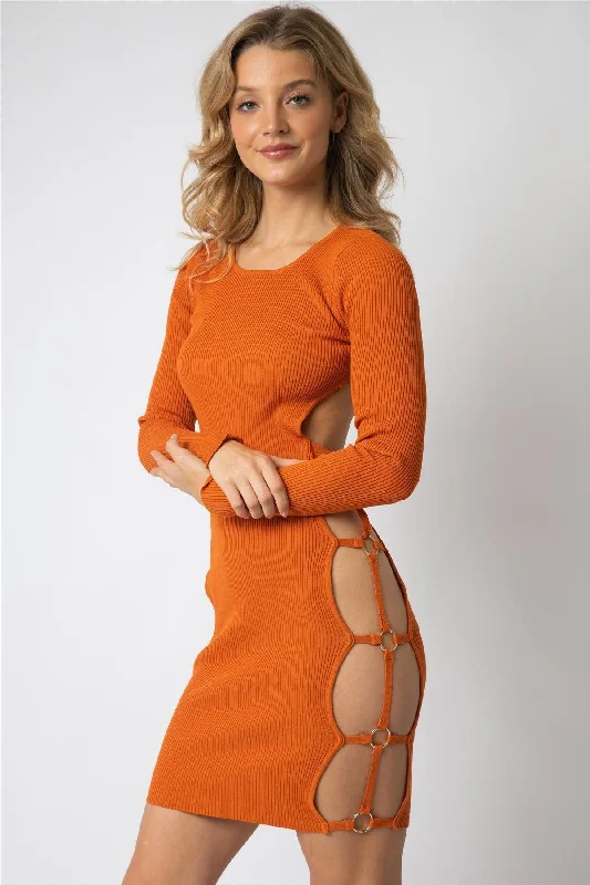 Orange Knit Gold Accent Ring Open Back Mini Dress