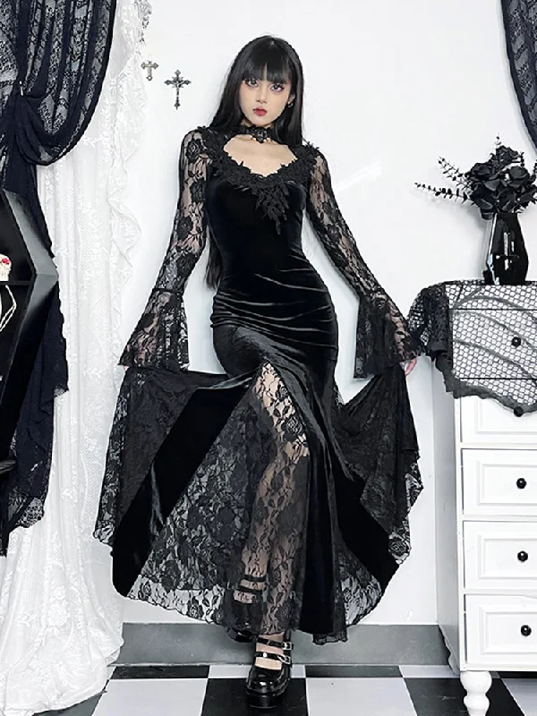 Gothic Long Cocktail Sleeve Lace Fishtail Bodycon Mermaid Maxi Ruched Dress