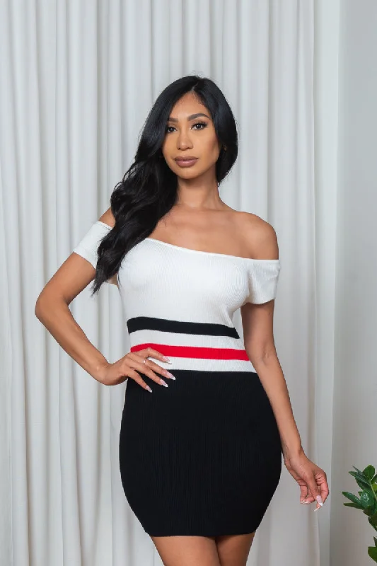 'Classic Sass' Rib Knit Off Shoulder Cap Sleeve Bodycon Mini Dress in White, Black & Red (187185)