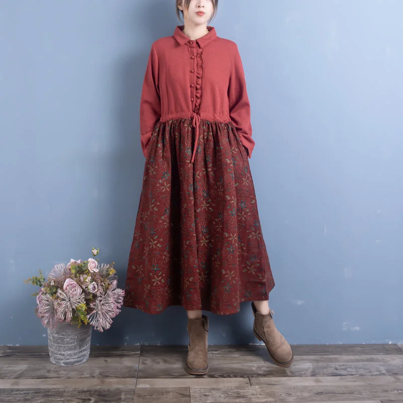 Women Autumn Retro Cotton Linen Patchwork Floral Maxi Dress