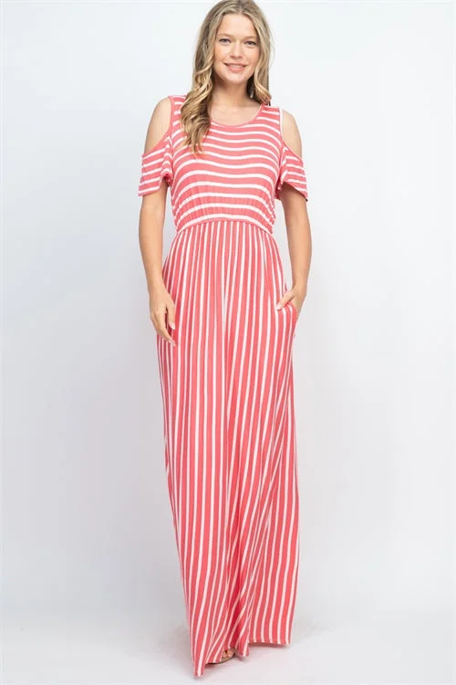 Coral Stipe Cold Shoulder Maxi Dress