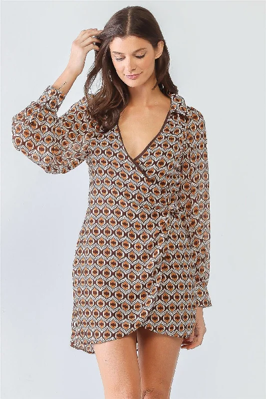 Retro Printed Wrap Self-Tie Long Sleeve Mini Dress