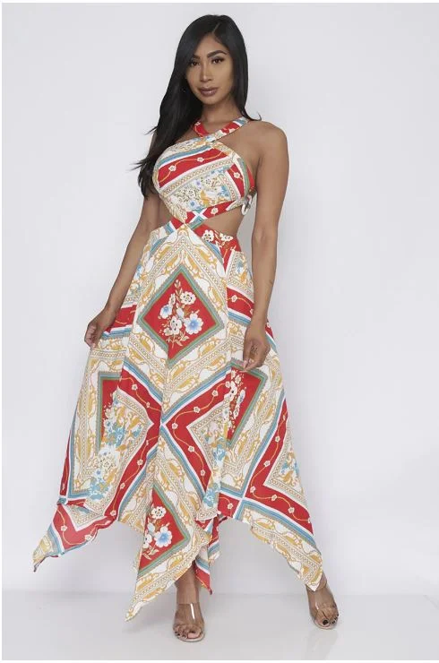 Teal Multi Print Halter Neck Maxi Dress