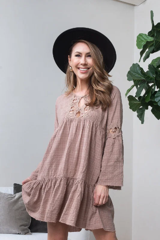 Long Sleeve Tiered Peasant Mini Dress with Embroidered Lace Trim in Mocha (16043)