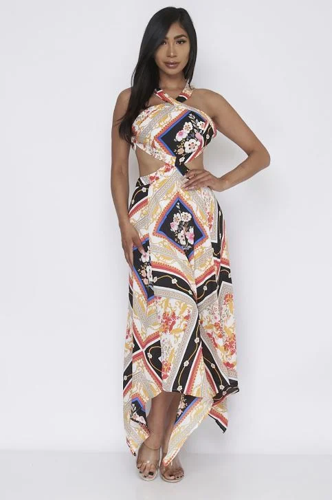 Black Multi Print Halter Neck Maxi Dress