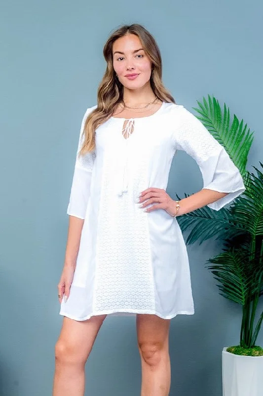 ‘Retro Chic’ 3/4 Bell Sleeve Mini Dress with Round Neckline and Drawstring Keyhole Detail in White (MB1073)