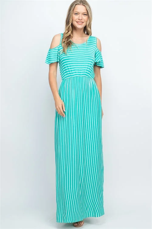 Jade Green Stipe Cold Shoulder Maxi Dress