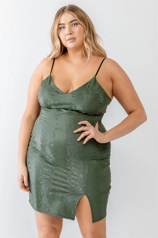 Plus Size Olive Snake Vegan Leather Strappy Mini Dress