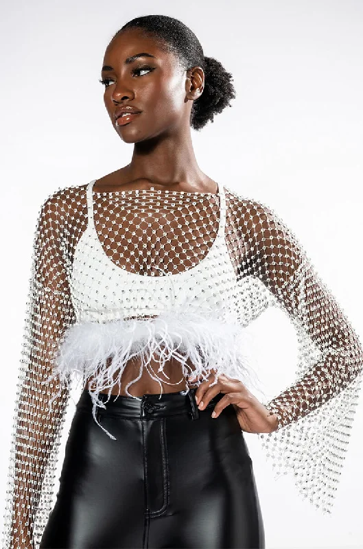 WANT MORE RHINESTONE TOP WITH FEATHER DETAILS