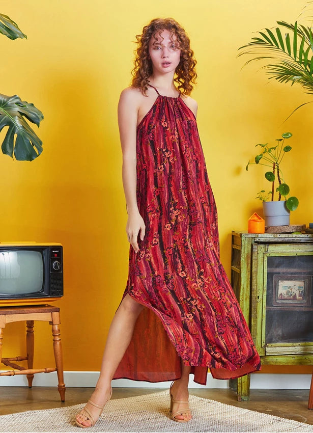 Back Cut Out Halter Necline Maxi Slit Red Print Dress