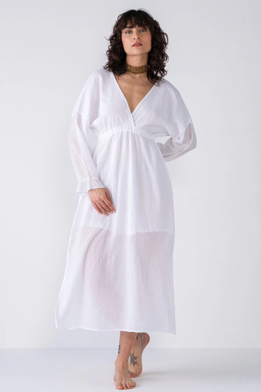 V-Neck Cotton Maxi Dress - White