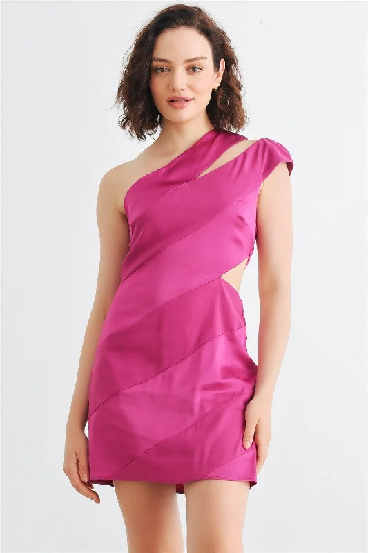 Magenta Satin Asymmetrical One Shoulder Cut-Out Mini Dress