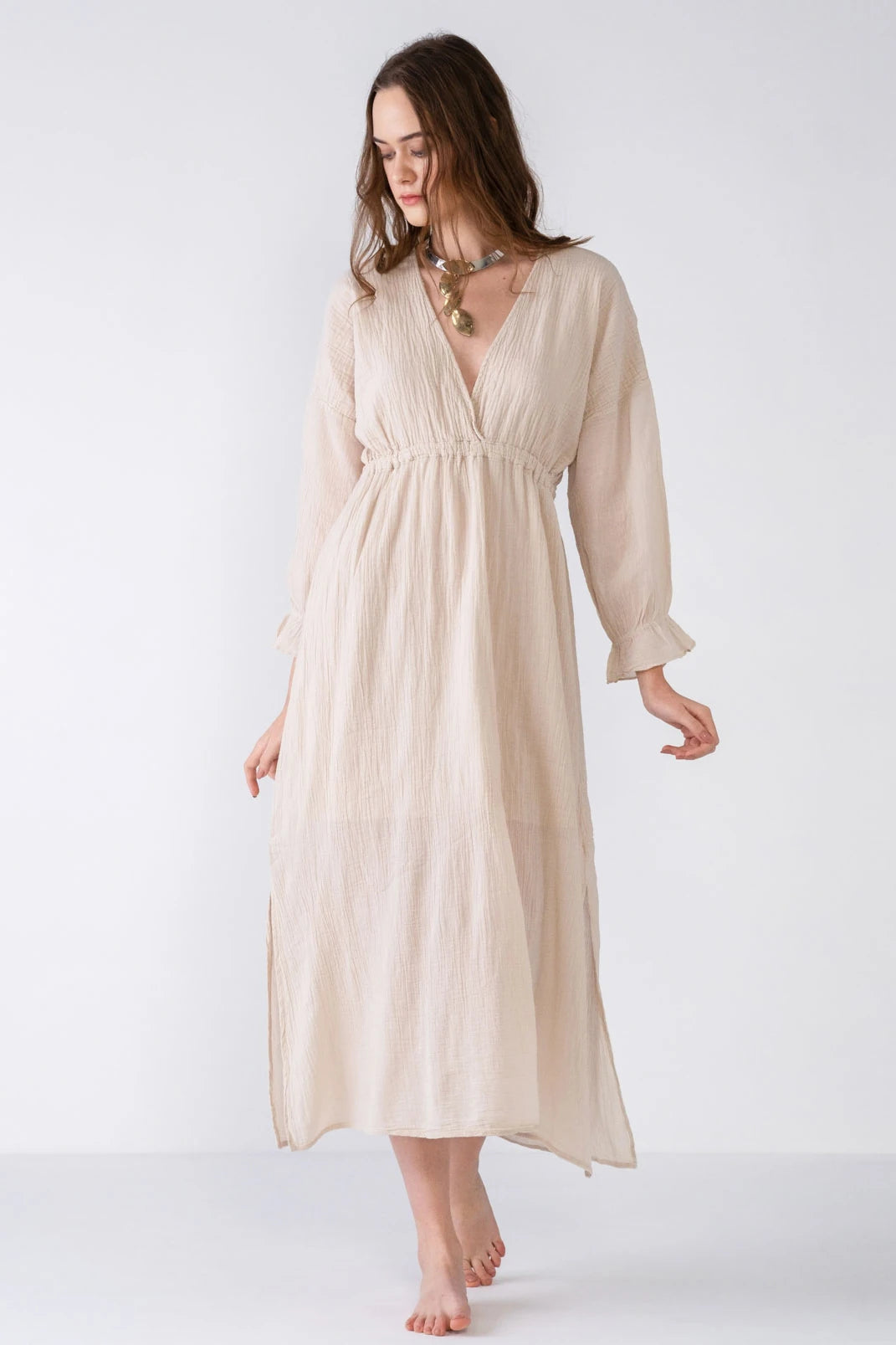 V-Neck Cotton Maxi Dress - Natural Beige