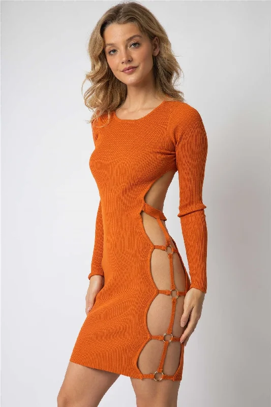 Orange Knit Side Cut-Out Open Back Mini Dress