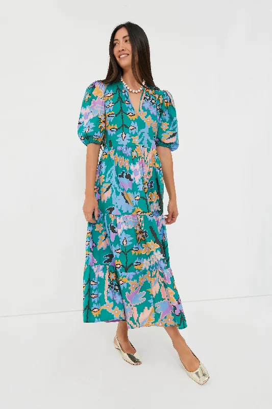 Green Bukhara Puff Sleeve Maxi Dress