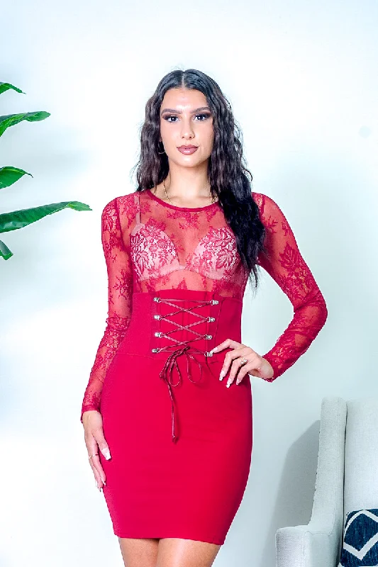 Floral Lace Empire Waist Long Sleeve Mini Dress with Bustier Style Cinching Leatherette Tie in Red (HD7207)