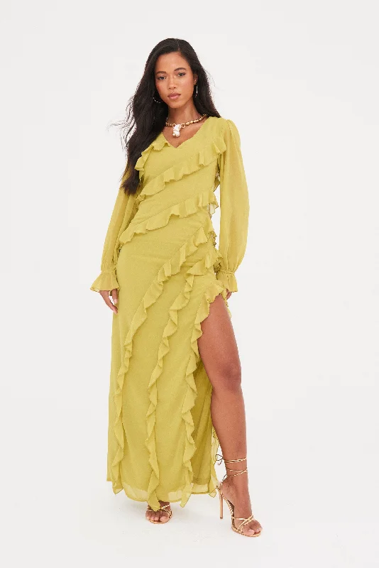 RUFFLE FLARE SLEEVE MAXI DRESS