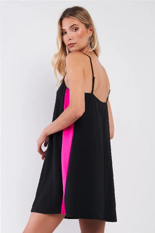 Black & Pink Sleeveless V-Neck Side Stripe Detail Relaxed Mini Dress /1-2-2