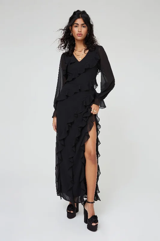 RUFFLE FLARE SLEEVE MAXI DRESS