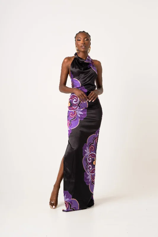 ENANG BLACK SILK HALTER MAXI DRESS