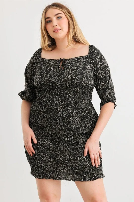 Plus Size Floral Smocked Puff Sleeve Tie Neck Mini Dress