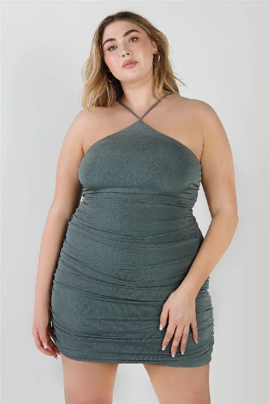 Plus Size Sage Ruched Back Lace Down Mini Dress /2-2-2