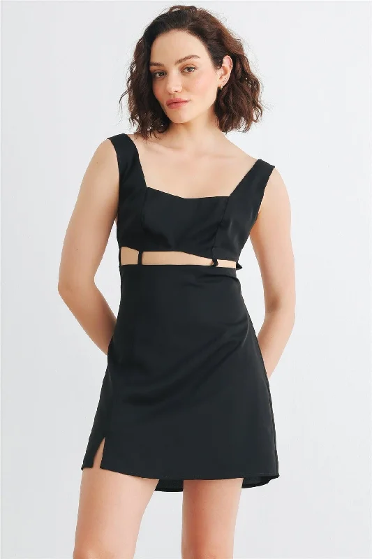 Black Sleeveless Cut-Out Detail Square Neck Back Criss-Cross Mini Dress /1-2-2-1