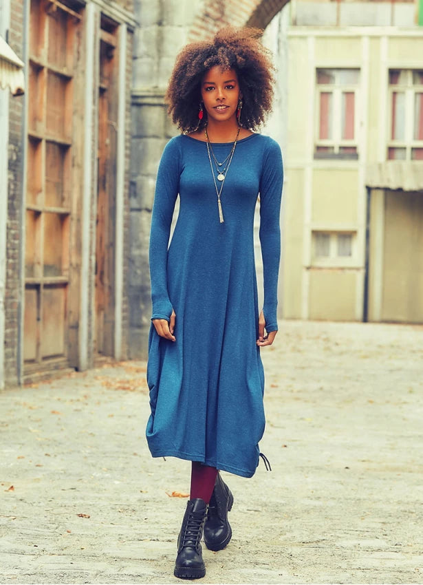 Boat Neckline Side String Detail Long Sleeve Blue Maxi Dress