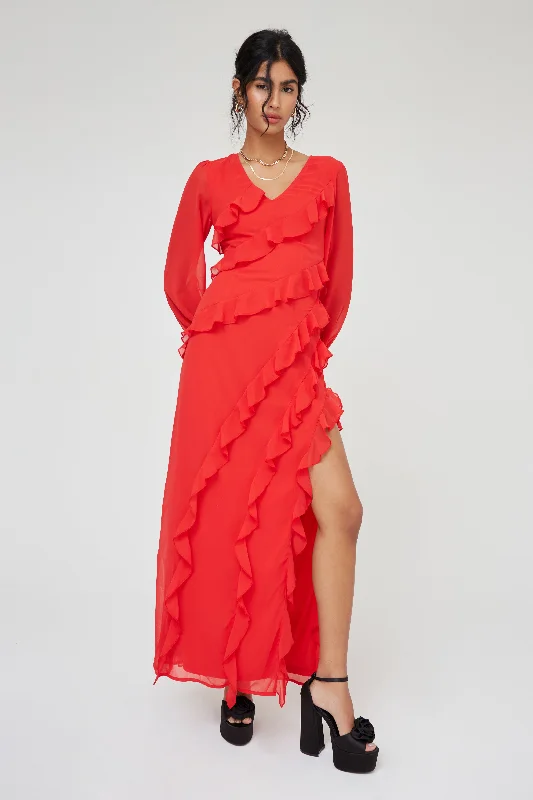 RUFFLE FLARE SLEEVE MAXI DRESS