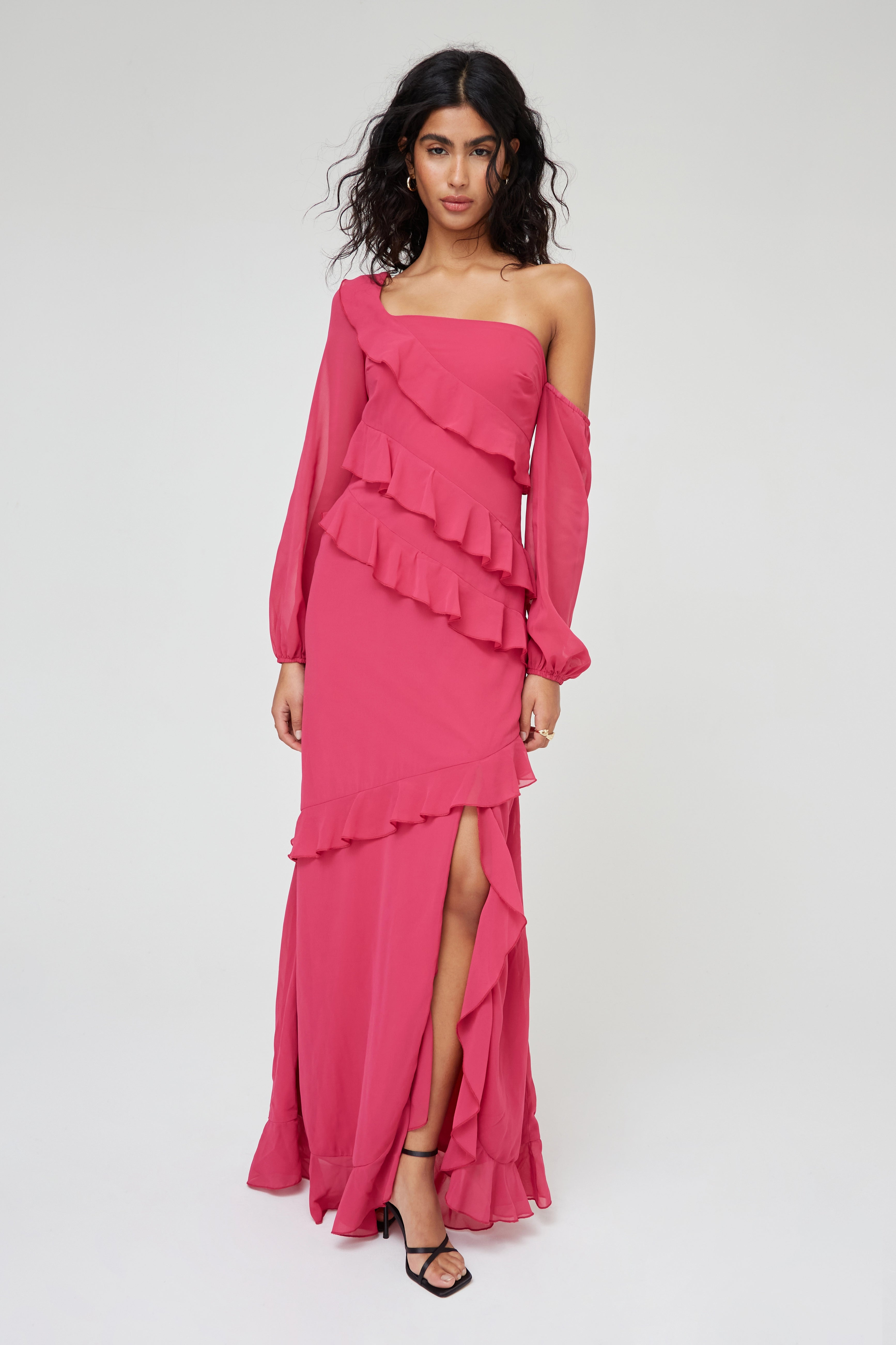 RUFFLE LONG SLEEVE MAXI DRESS