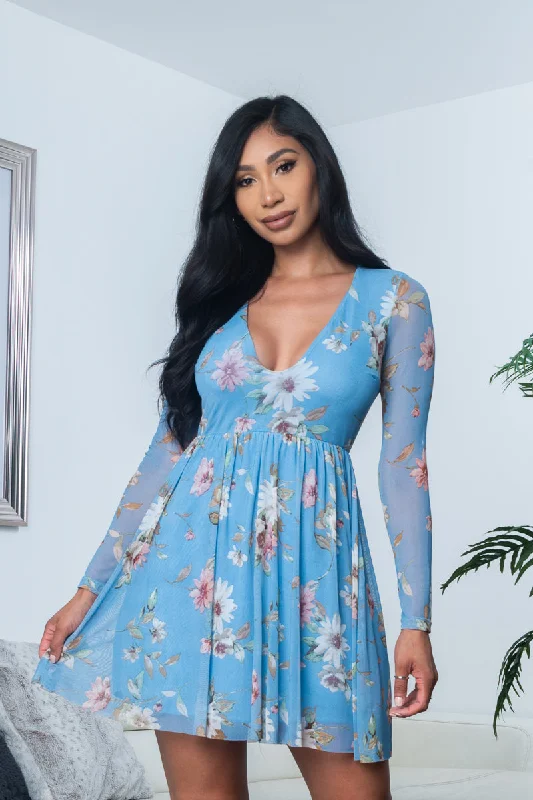 Floral Print Sheer Mesh Long Sleeve Plunge V Neck Mini Dress with Flowy Circle Skirt, Fully Lined (R6976-5) Y