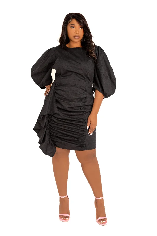 Puff Sleeve Asymmetric Ruffle Mini Dress