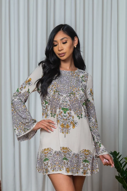 Paisley Motif Adorned Long Bell Sleeve Tunic Mini Dress with Round Keyhole Tie Back in Beige (165666)