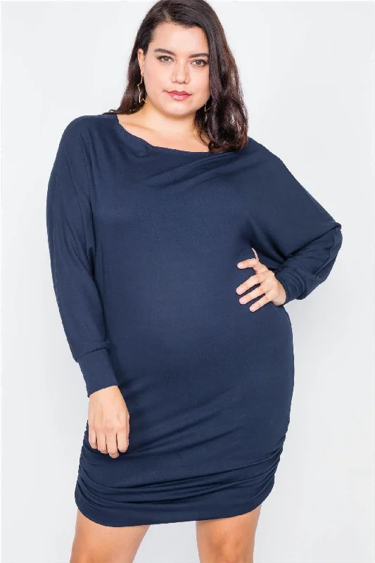 Plus Size Navy Batwing Basic Mini Dress