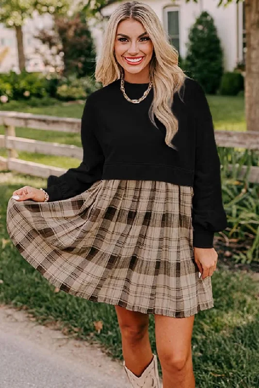 Black Plaid Patchwork High Waist Sweatshirt Mini Dress