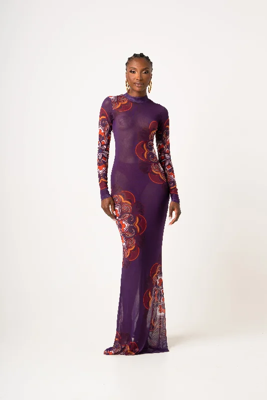 ENANG PURPLE LONG SLEEVE MAXI MESH DRESS